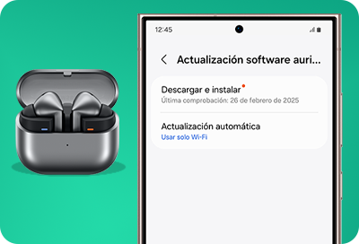Galaxy Buds3 junto a celular Galaxy mostrando ajustes de actualización de los Galaxy Buds