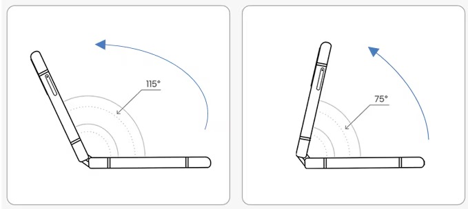 Un Galaxy Z Fold6 en modo flex en un angulo de 75 y 115 grados