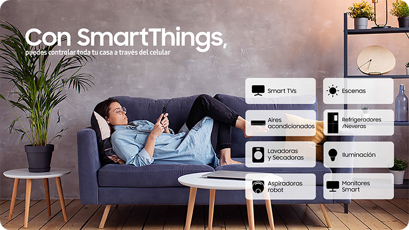 An image of the ‘Works with SmartThings’ logo and various icons devices which are available with the SmartThings app.
