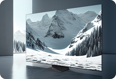 Samsung Smart TV displaying a snowy mountain landscape in a minimalist room.