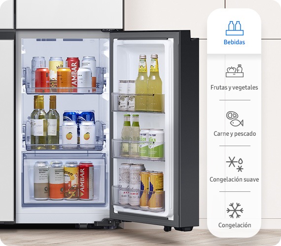 La puerta de la FlexZone está abierta. Los artículos del interior cambian secuencialmente de bebidas a frutas y verduras, carne y pescado, artículos que requieren congelación suave y artículos que requieren congelación. El cambio de artículos también se expresa por el efecto de selección en los iconos de la parte derecha de la pantalla.