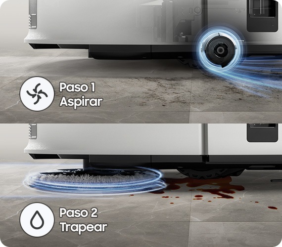 Un robot aspirador Jet Bot Combo aspira y friega el suelo a la vez, como indican las líneas y flechas. Hay iconos para aspirar y fregar juntos. A continuación, se muestran ambas funciones por separado, con la aspiración como paso 1 y la limpieza con mopa como paso dos. El componente en acción se indica mediante líneas que lo rodean.