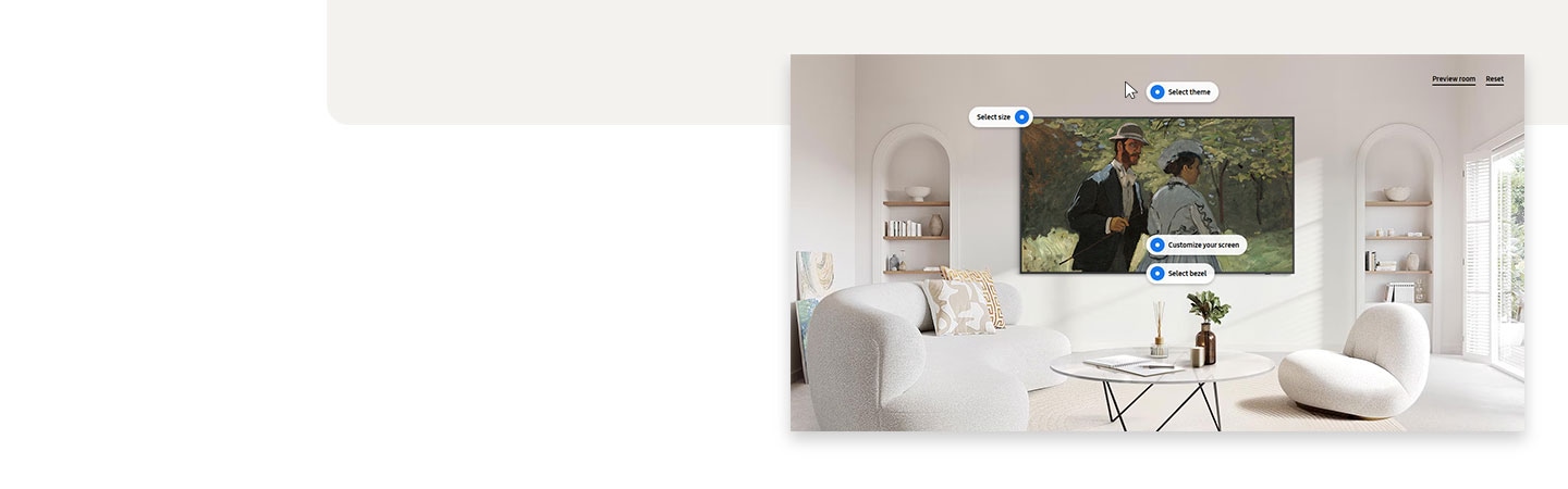 The Frame que muestra “Bazille y Camille” cuelga en una sala en tonos blancos. Se muestran los botones para Seleccionar tema, Seleccionar tamaño, Personalizar pantalla, Seleccionar bisel, Vista previa de sala y Restablecer.