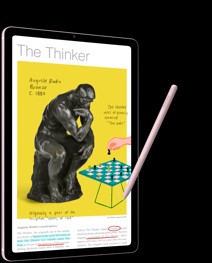 Una Galaxy Tab S6 Lite negra con una imagen de la estatua de “El pensador” y un juego de ajedrez a su lado en la pantalla, dibujado con un S Pen rosada. Hay un texto debajo de la imagen con una oración resaltada en azul y otros términos subrayados en rojo.