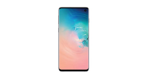 Parte posterior de un teléfono Galaxy S10 prisma blanco con la parte frontal de un teléfono Galaxy S10 negro que se encuentra ligeramente superpuesto