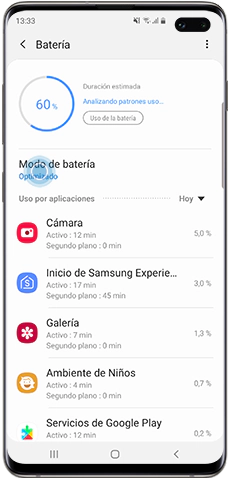 Android 9.0, Cambio de ajustes y funciones en Cuidado del dispositivo, Modo de batería