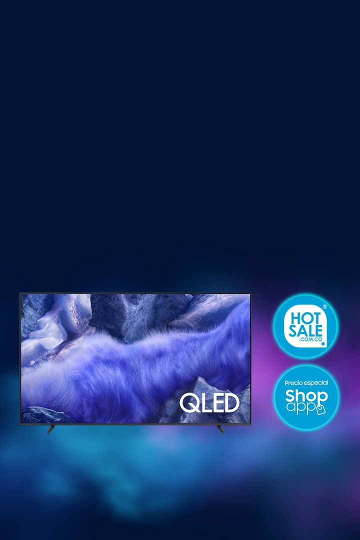 Smart TV QLED 4K de 65" en posición frontal, a un precio especial comprando en Shop App, y con 0% de interés al pagar a 12 cuotas con bancos aliados.
