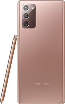 Galaxy Note20 en bronce místico visto desde la parte posterior. Un S Pen que combina se encuentra apoyado lateralmente.