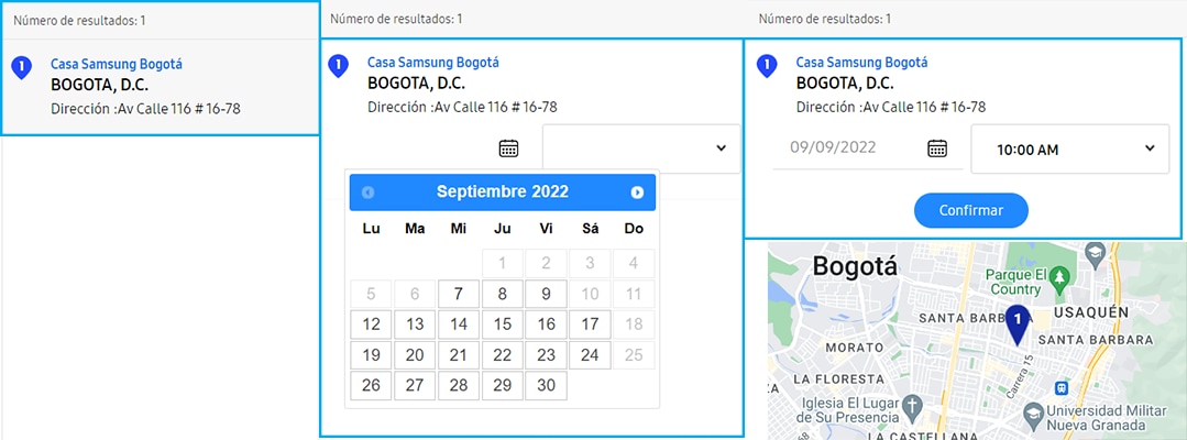 Seleccionar centro de servicio, fecha y hora de la reserva