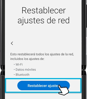 Captura de pantalla que muestra cómo restablecer los ajustes de red en el dispositivo.