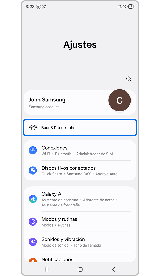 Galaxy Buds conectados desde Ajustes