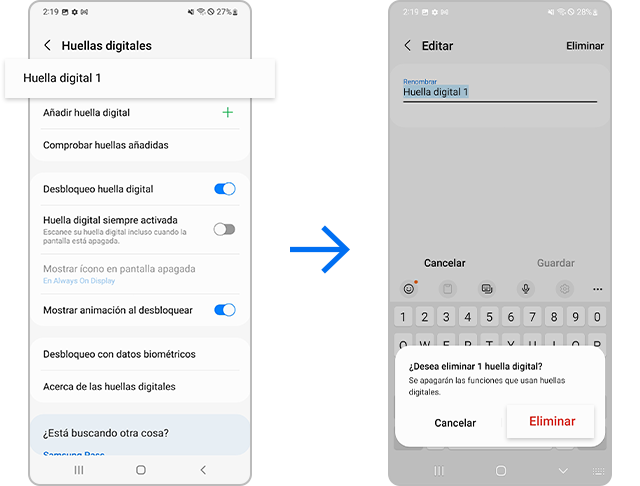 borrar el reconocimiento de huellas digitales