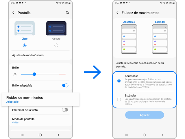 Configuración de fluidez de movimiento de Galaxy s22