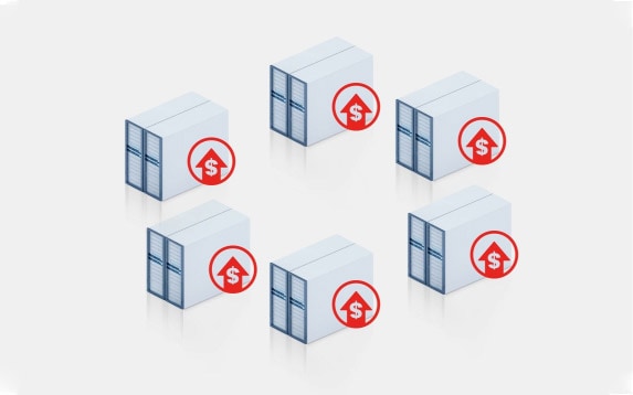 As the physical servers fade away, a cloud icon appears in the center while an icon representing cost savings emerges.
