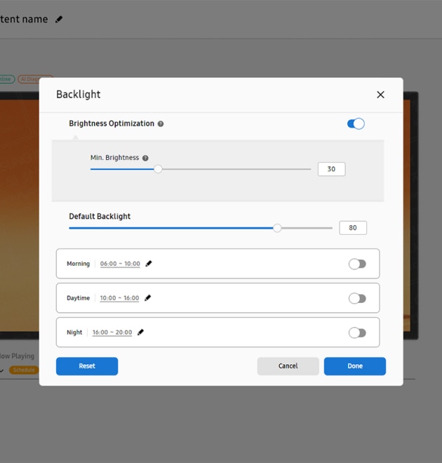 In the energy management screen of Samsung VXT, there is a slider to adjust backlight of the screen.