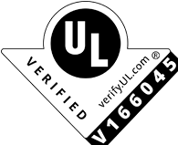 Logo được UL xác minh được đặt ở phía bên phải của màn hình, với địa chỉ trang web “verify.UL.com” và số đăng ký V166045 được viết trên đó.