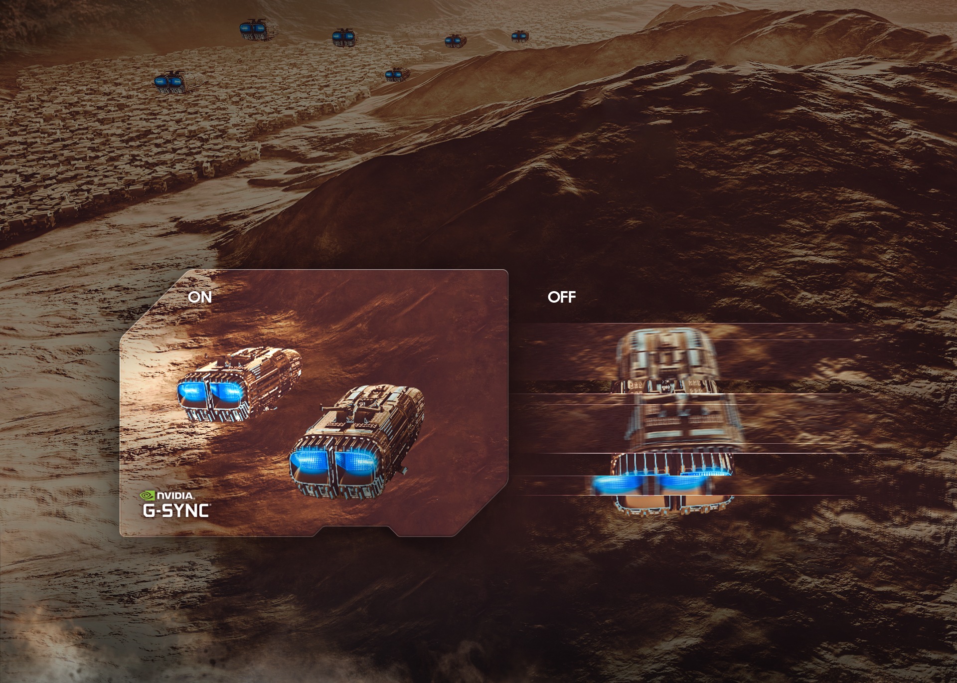 Three spaceships with blue neon light emitting from their backs fly over rocky terrain. The two ships on the left appear smooth and show the words “ON” above and “NVIDIA G-SYNC” logo below. The right ship appears disconnected, and the word “OFF” appears above it.