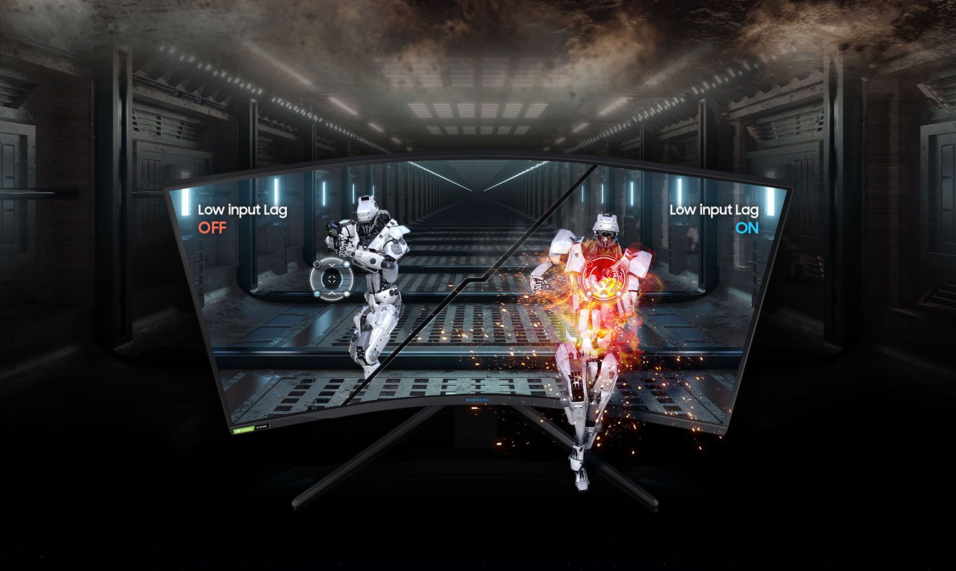 A G75T monitor shows the hallway of a spaceship, which extends off the screen into the background. The screen is split into left and right sides with attacking robots running forward with rifles on each side. On the left, the word “OFF” is shown while an aiming marker is positioned to the left of the robot. On the right, the word “ON” is shown while the aiming marker has successfully fired on the robot.