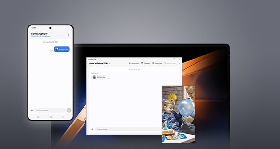 Transfer the image of a baby holding a balloon to tablet is completed. Flow history is shown on the tablet next to the transferred baby image.