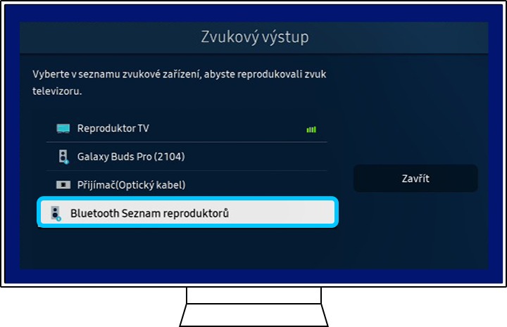 Výstup zvuku zobrazen v nastavení zvuku.