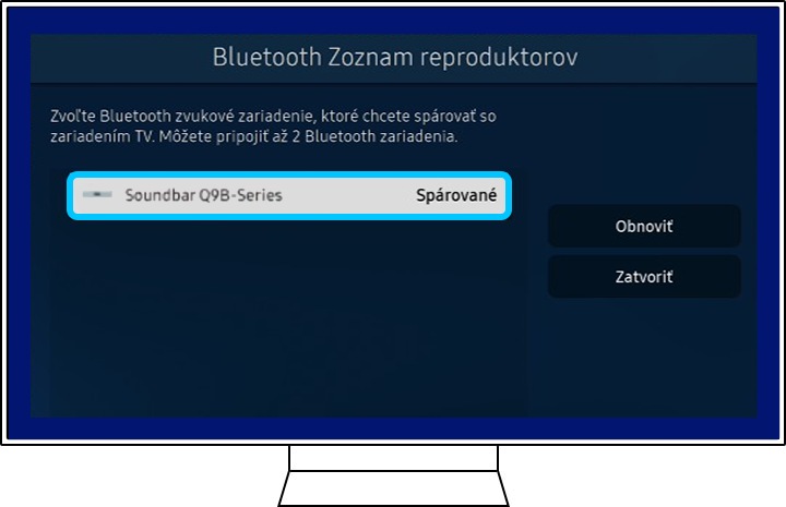 Zoznam reproduktorov Bluetooth zobrazený v nastavení zvuku.