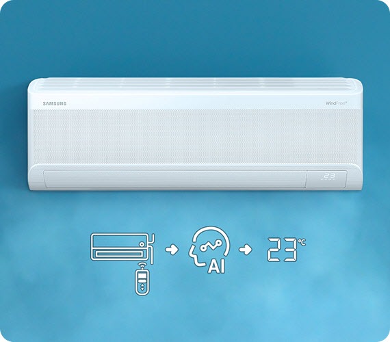 Na stěně visí připevněné zařízení Samsung Windfree, u kterého vidíme tři ikony pro dálkové ovládání, funkci AI Auto Cooling a teplotu 23 stupňů.