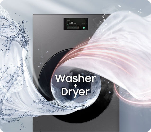 Velké vodní víry a světelné paprsky vychází z pračky se sušičkou Samsung Laundry Combo, což naznačuje výkonné a rychlé praní a sušení v jednom spotřebiči.