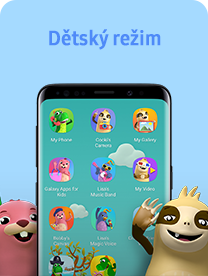 A Galaxy Smartphone displays a range of cartoon imagery with two animated characters next to it, to depict Samsung’s Kids Mode.