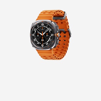 Chytré hodinky Samsung Galaxy Watch Ultra s oranžovým sportovním řemínkem a kulatým ciferníkem.