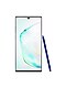 Postavený Samsung Galaxy Note10+ s modrým perem S Pen opírajícím se o jeho boční stranu