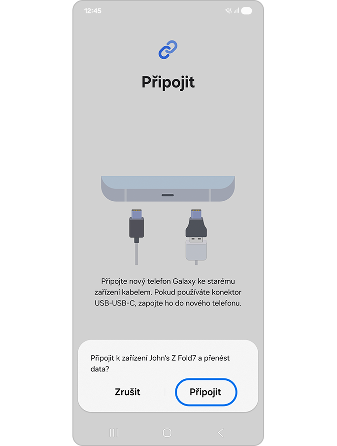 Připojte k novému zařízení pomocí kabelu USB