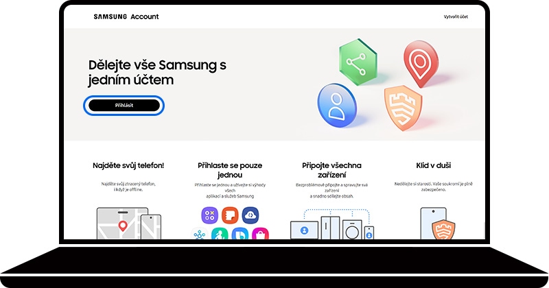 Přihlášení vybrané na domovské stránce webových stránek Samsung účtu