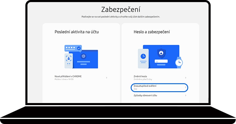 Dvoustupňové ověření vybrané v části Zabezpečení na webové stránce Samsung účtu