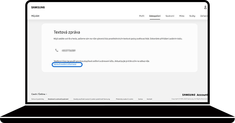 Úprava osobních údajů vybraných v části Textové zprávy na webové stránce Samsung účtu