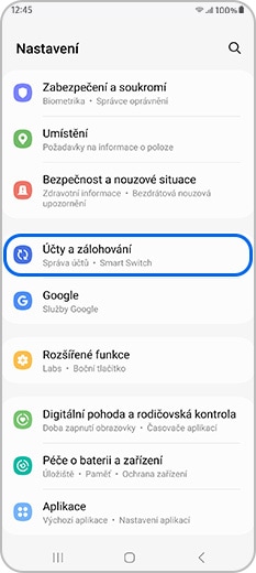 Účty a zálohování vybrané v části Nastavení