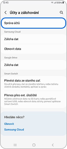 Správa účtů vybraných v části Účty a zálohování