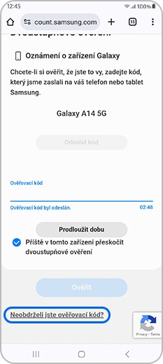 Po klepnutí se nezobrazí ověřovací kód