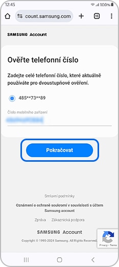 Proveď ověření zadáním předchozího telefonního čísla a klepni na Pokračovat