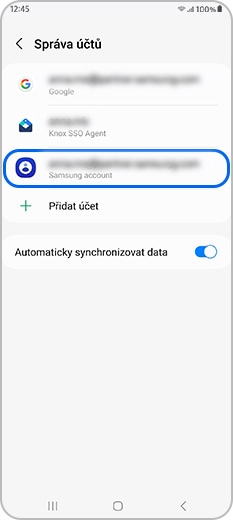 Samsung účet vybraný v části Správa účtů