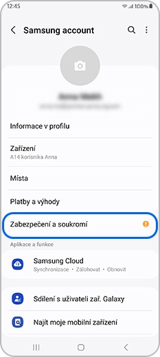 Zabezpečení a soukromí vybrané v profilu Samsung účtu