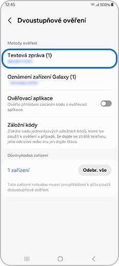 Textová zpráva vybraná v části Metody ověření nabídky Dvoustupňové ověření