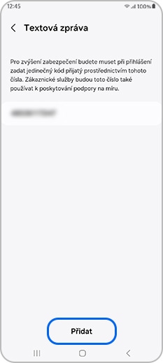Přidání vybraných v nabídce Textové zprávy možností dvoustupňového ověření