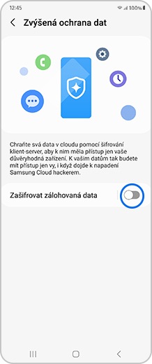 Obrazovka smartphonu s přepínačem Zašifrovat zálohovaná data