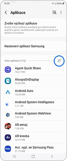 Obrazovka smartphonu s vybranou ikonou Vaše aplikace