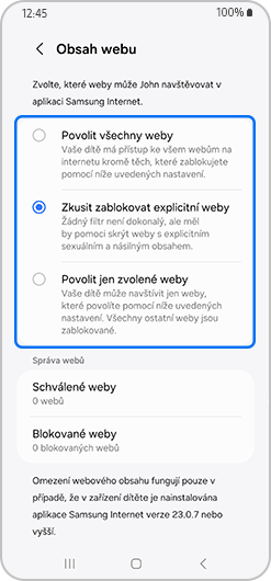 Obrazovka webového obsahu s možností Zkusit blokovat explicitní stránky vybrána.