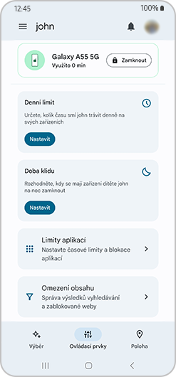 Rozhraní Rodinného odkazu s denním limitem, časem nečinnosti, limitem aplikací a omezeními obsahu.
