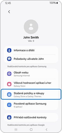 Menu rodičovské kontroly s vyznačenými stahováním a nákupy.