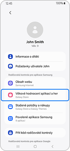 Menu rodičovské kontroly s vyznačeným hodnocením věku aplikací a her.