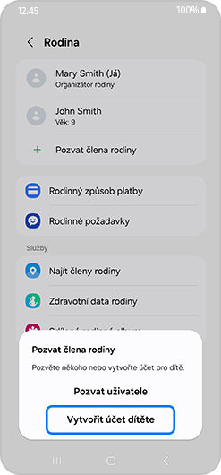 Vyskakovací okno pro pozvání člena rodiny s vytvořením účtu zvýrazněno.