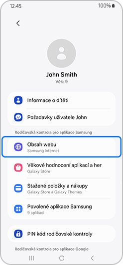 Menu rodičovských kontrol s Webovým obsahem zvýrazněno.